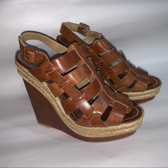 CHRISTIAN LOUBOUTIN size 37 brown calfskin GLADIATOR platform wedge heel SANDALS - Picture 6 of 11